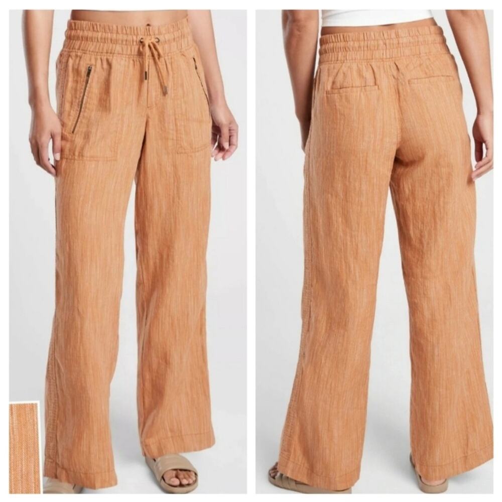 Athleta Cabo 100% Linen Textured Wide Leg Pant in Neutral Orange - Size 4